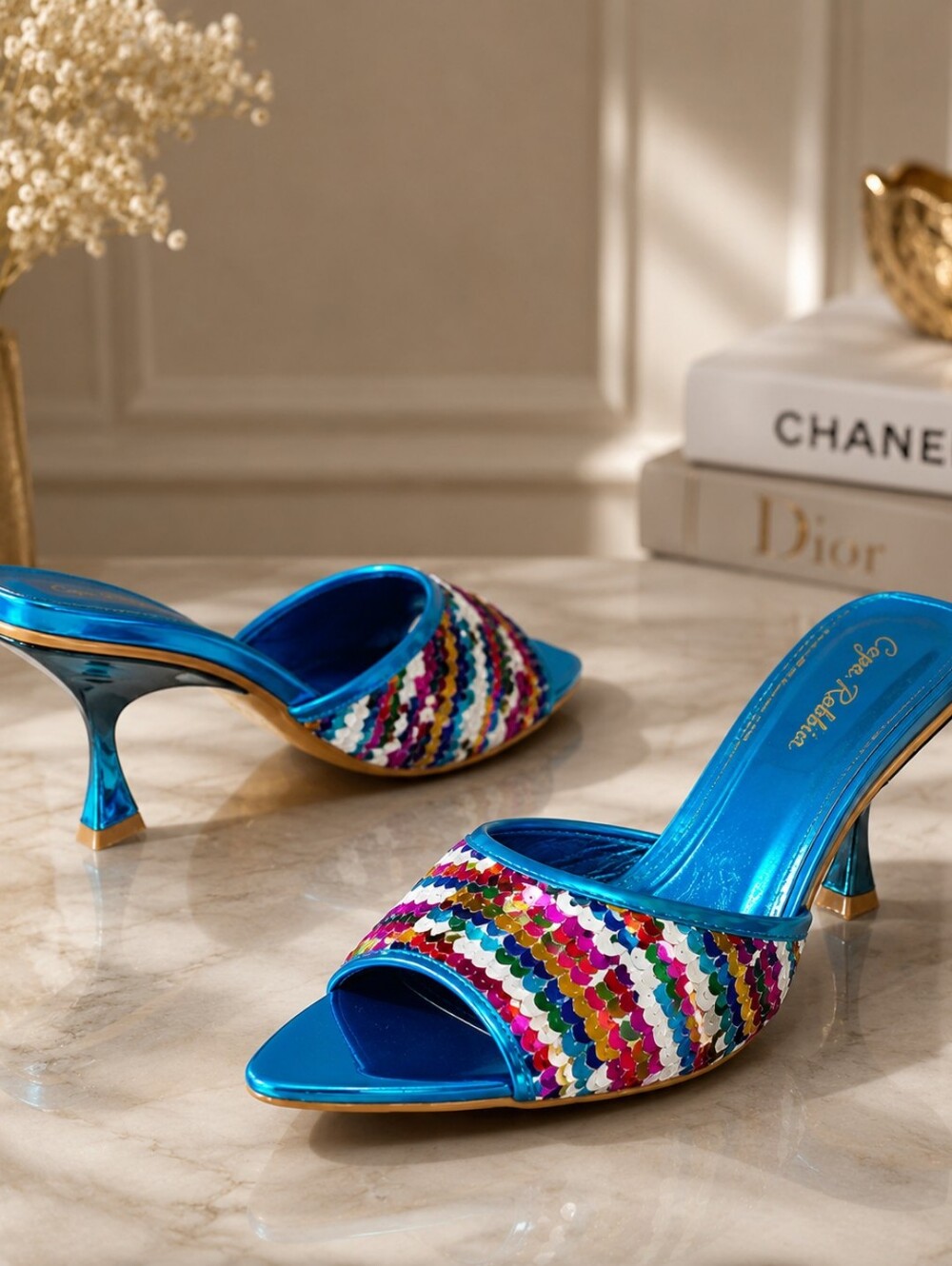 Blue Sequin Slide Heel for Women